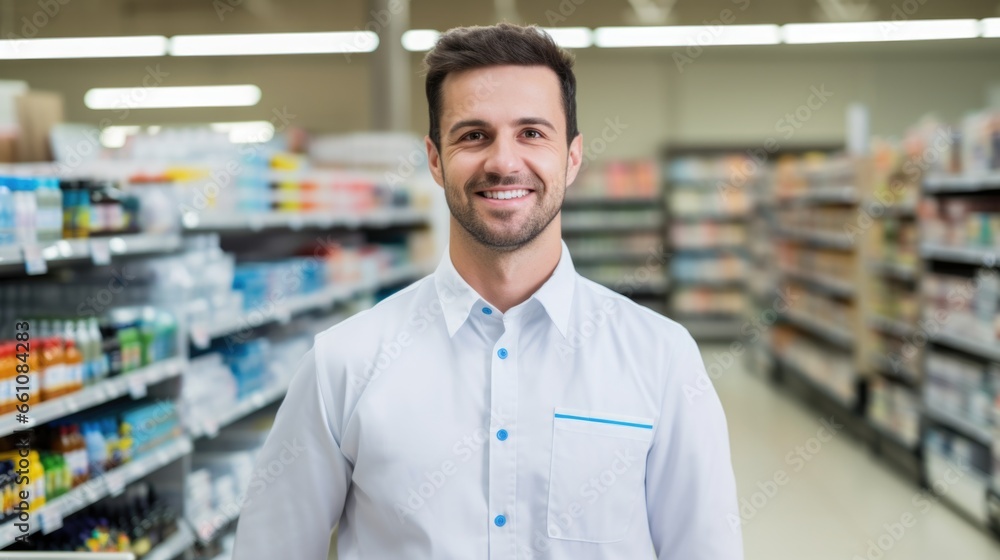 Young male supermarket worker looking at the camera standing on a blurred grocery shop background Young male supermarket worker looking at the camera standing on a blurred grocery shop background