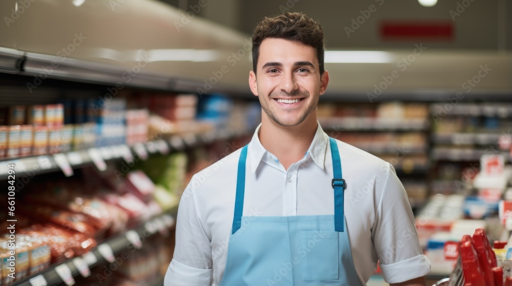 Young male supermarket worker looking at the camera standing on a blurred grocery shop background Young male supermarket worker looking at the camera standing on a blurred grocery shop background