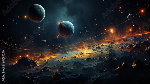 Landscape with planets and a cluster of stars. Footprints in space from the constellations, illustrative image, banner with space for text.