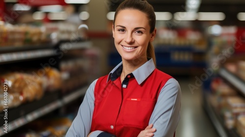 Fototapeta Naklejka Na Ścianę i Meble -  Young female supermarket worker looking at the camera standing on a blurred grocery shop background