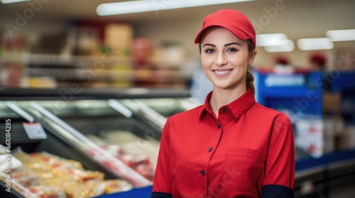Fototapeta Naklejka Na Ścianę i Meble -  Young female supermarket worker looking at the camera standing on a blurred grocery shop background
