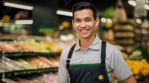 Young asian male supermarket worker looking at the camera standing on a blurred grocery shop background