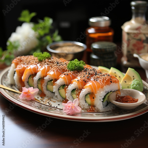  a salmon sauce bottle on a sushi 