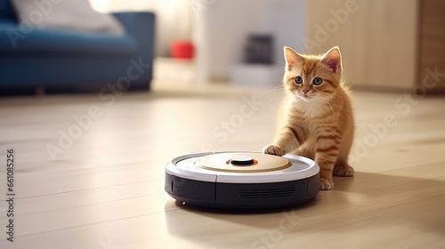 Little fluffy kitten next to a round automatic robot vacuum cleaner. Cozy house, modern home cleaning technique. 
