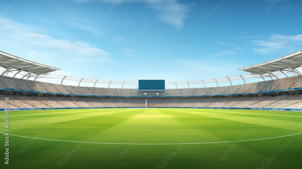 Cricket Stadium Front view on cricket pitch or ball sport game field, grass stadium or circle arena for cricketer series, green lawn or ground for batsman, bowler. Outfield 3D Illustration