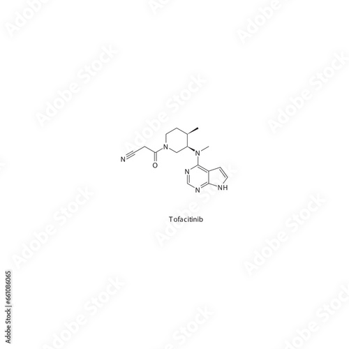 Tofacitinib flat skeletal molecular structure Tyrosine kinase inhibitor (TKI) drug used in rheumatoid arthritis treatment. Vector illustration.