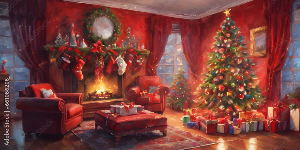Fototapeta premium Watercolor interior of living room with fireplace decorated Christmas tree, Background design for cards