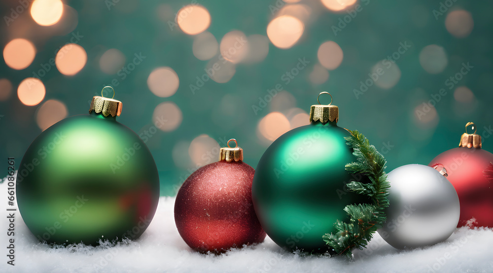 green background with christmas tree decoration, Winter themed home decor, green and red christmas tree balls green background with christmas tree decoration, Winter themed home decor, green and red christmas tree balls