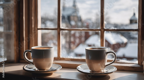 Warm drink on the windowsill in winter time, Winter coffee latte in white cup on windowsill 