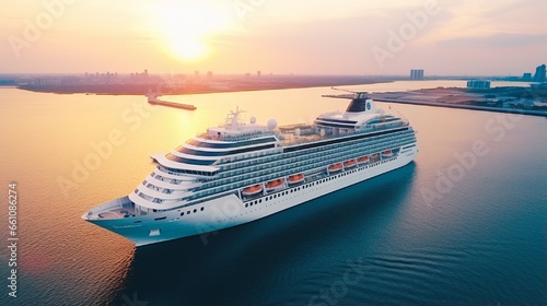 ruise ship at harbor. Aerial view of beautiful large white ship at sunset. Colorful landscape with boats in sea, colorful sky. Top view from drone of yacht. Luxury cruise. Floating liner