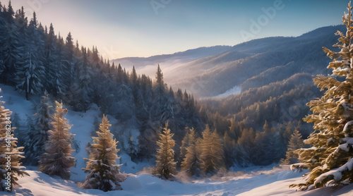 winter landscape in the mountains. snow covered trees in the forest, winter wallpaper