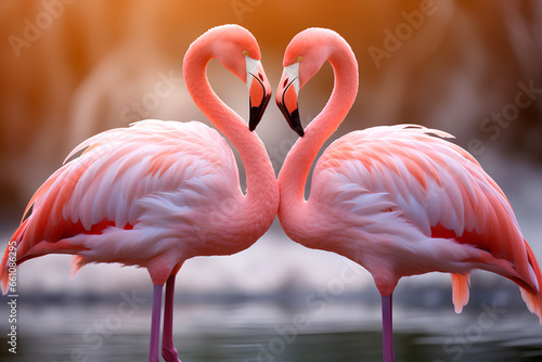 Pair of pink flamingos making a love heart shape at Jersey Zoo, Generative AI © MONWARA