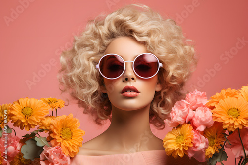 Woman wearing sunglasses holding flowers on a pink background, Generative Ai