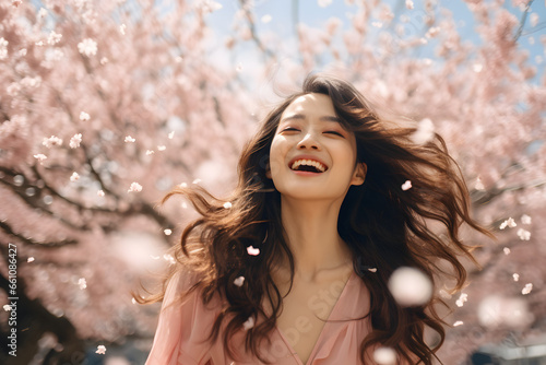 Asian woman smiling happily on cherry blossom background, Generative Ai © Beautiful Pictures