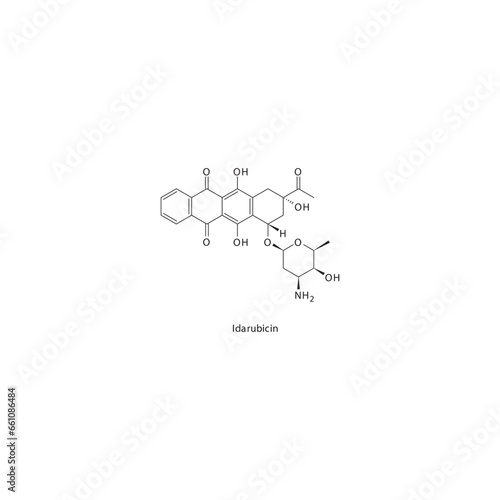Idarubicin  flat skeletal molecular structure Anthracycline drug used in Acute myleloid leukemia, Chronic myelogenous leukemia treatment. Vector illustration.