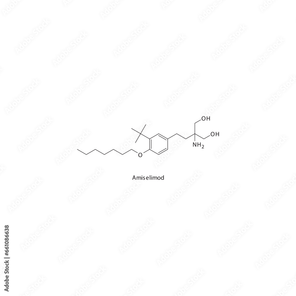 Amiselimod flat skeletal molecular structure Sphingosine-1-phosphate receptor modulator drug used in Multiple sclerosis treatment. Vector illustration.