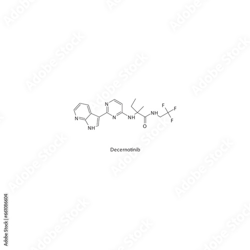 Decernotinib  flat skeletal molecular structure JAK3 inhibitr drug used in rheumatoid arthritis treatment. Vector illustration.