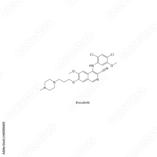 Bosutinib flat skeletal molecular structure Tyrosine kinase inhibitor (TKI) drug used in Chronic myelogenous leukemia treatment. Vector illustration.