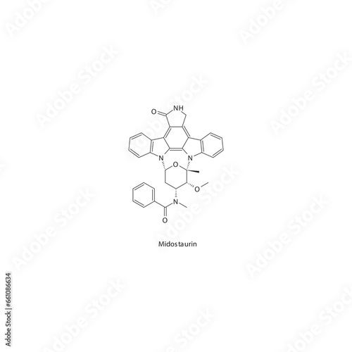 Midostaurin flat skeletal molecular structure Tyrosine kinase inhibitor (TKI) drug used in Acute myeloid leukemia treatment. Vector illustration.