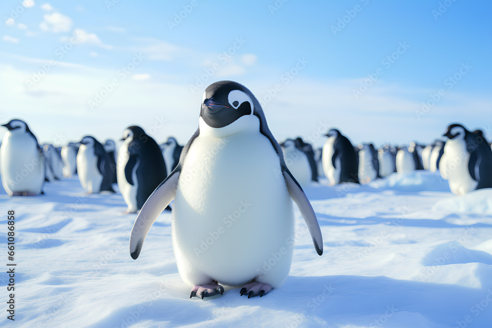 Penguins on the snow-covered ground during daytime, Generative AI