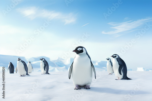 Penguins on the snow-covered ground during daytime, Generative AI