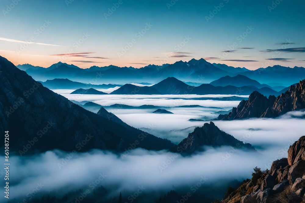  A mountain range with layers of mist, mysterious, foggy