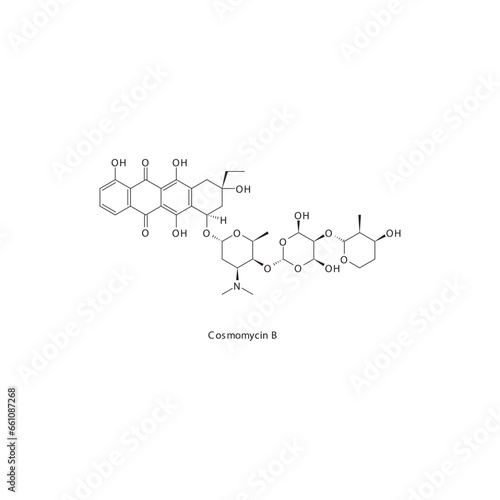 Cosmomycin B flat skeletal molecular structure Anthracycline drug used in cancer treatment. Vector illustration.