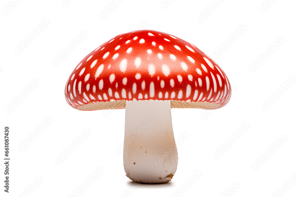 Obraz premium Red and white mushroom isolated on a transparent background, Generative AI