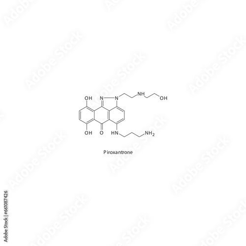 Piroxantrone flat skeletal molecular structure Anthracenedione drug used in lymphoma treatment. Vector illustration.