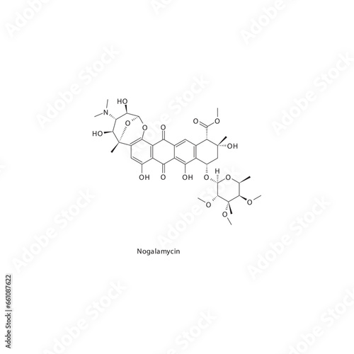 Nogalamycin flat skeletal molecular structure Anthracycline drug used in cancer treatment. Vector illustration.