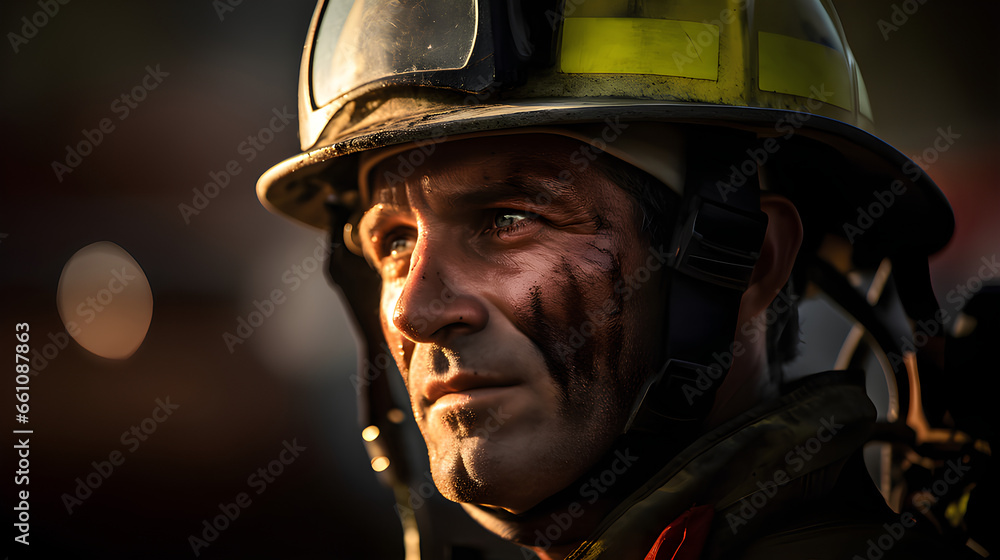 A portrait of a fireman age of 40 sadly,dirty and tired after fight with fire. A portrait of a fireman age of 40 sadly,dirty and tired after fight with fire.