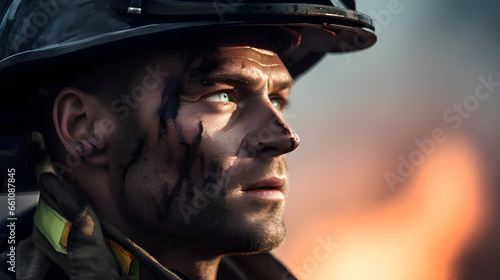 A portrait of a fireman age of 25 sadly,dirty and tired after fight with fire.