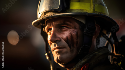 A portrait of a fireman age of 40 sadly,dirty and tired after fight with fire.