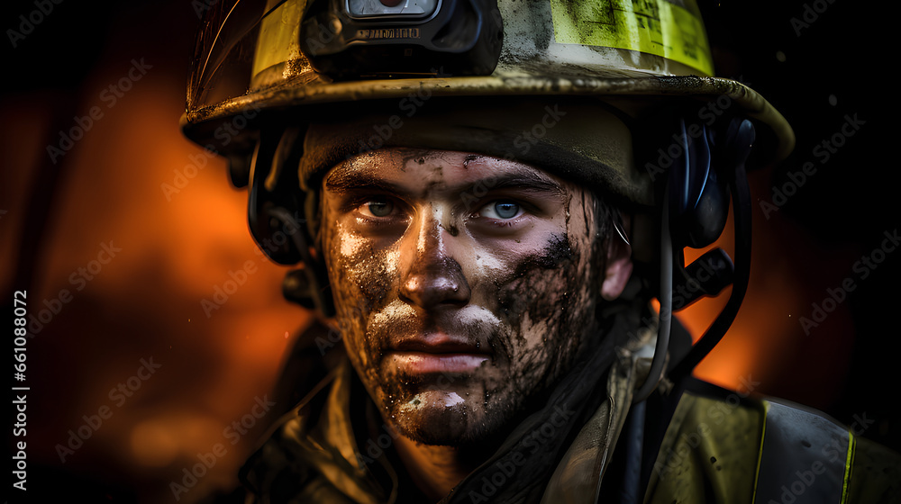 A portrait of a fireman age of 30 sadly,dirty and tired after fight with fire.