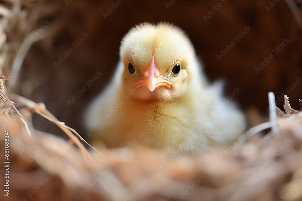 Fototapeta premium Yellow chick in a nest close-up