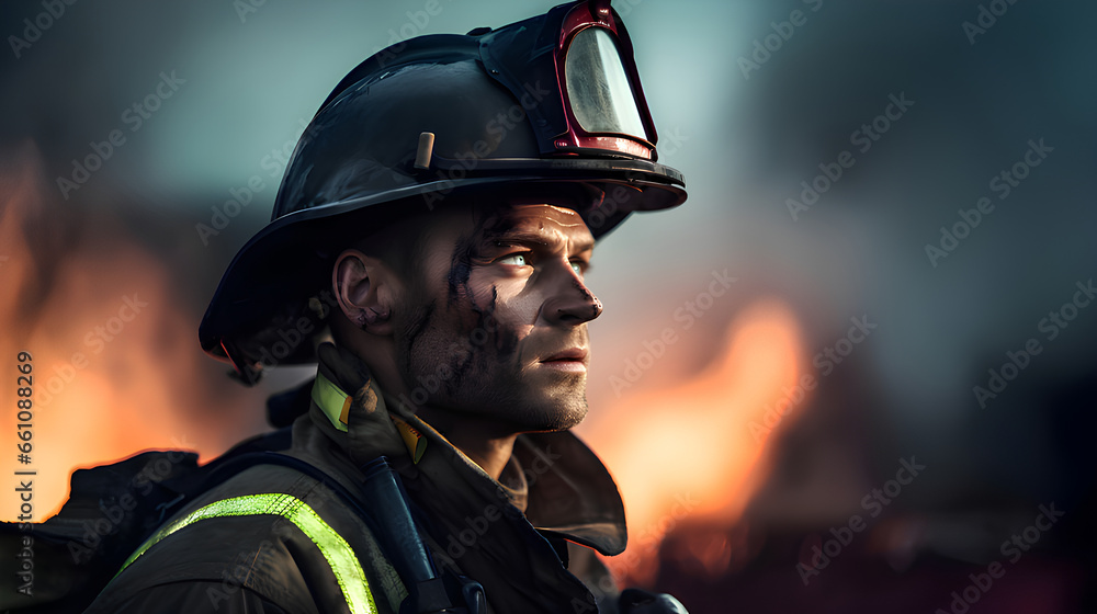 A portrait of a fireman age of 25 sadly,dirty and tired after fight with fire. A portrait of a fireman age of 25 sadly,dirty and tired after fight with fire.