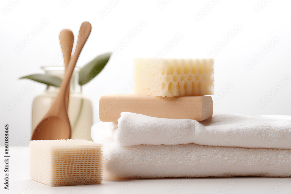 Stack of natural soap brush and towels on a white background, Generative AI - obrazy, fototapety, plakaty 