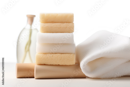 Stack of natural soap brush and towels on a white background, Generative AI