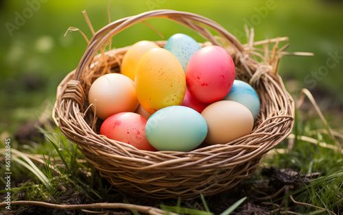 Painted Easter eggs in a straw basket.