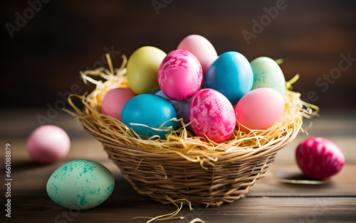 Painted Easter eggs in a straw nest on a wooden desk.