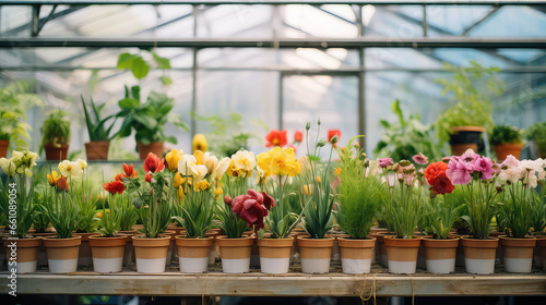 Beautiful fresh flowers are growing in the greenhouse. Gardening, growing and selling flowers. Flower indoor plantation.