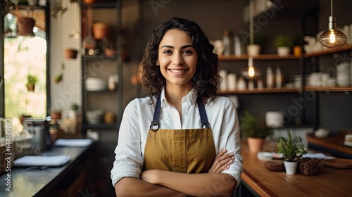 Happy Hispanic female chef smiling and  doing arm crossed gesture confidently in the restaurant. photo