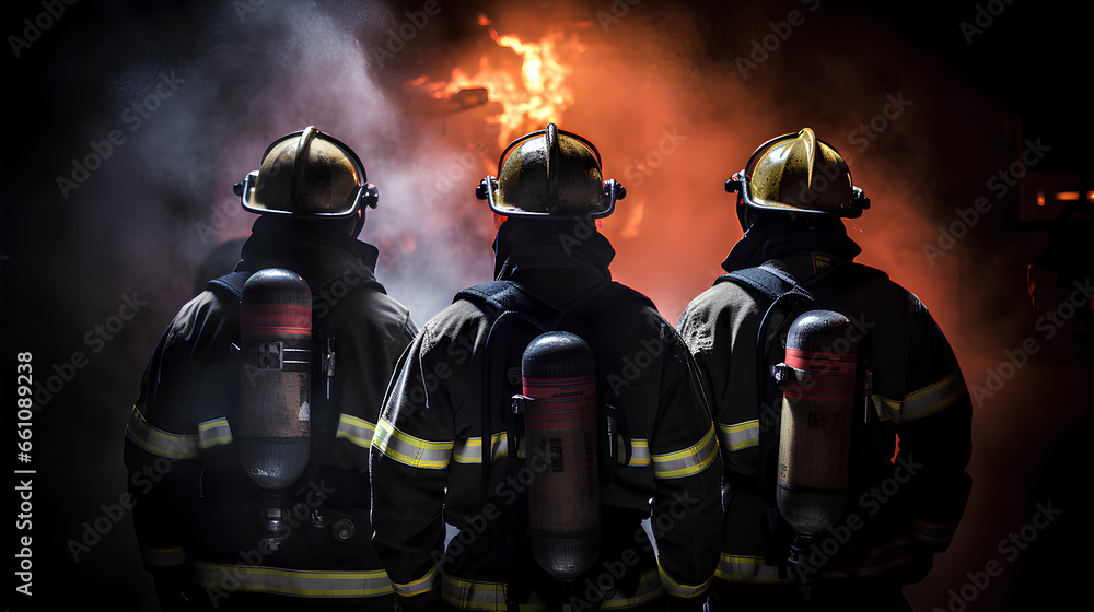 Backview of a firemans at the fire and flame background.