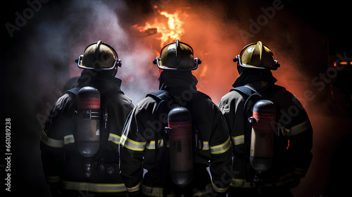 Backview of a firemans at the fire and flame background.