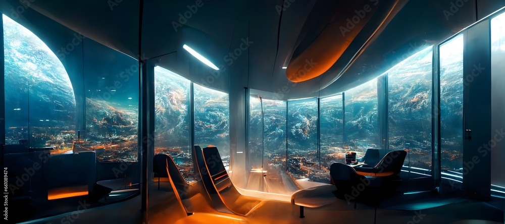 interior of a futuristic spaceship big window looking outside to massive planets and stars and spaceships futurism future futuristic sci fi science fiction epic lighting crazy composition super wide  - obrazy, fototapety, plakaty 