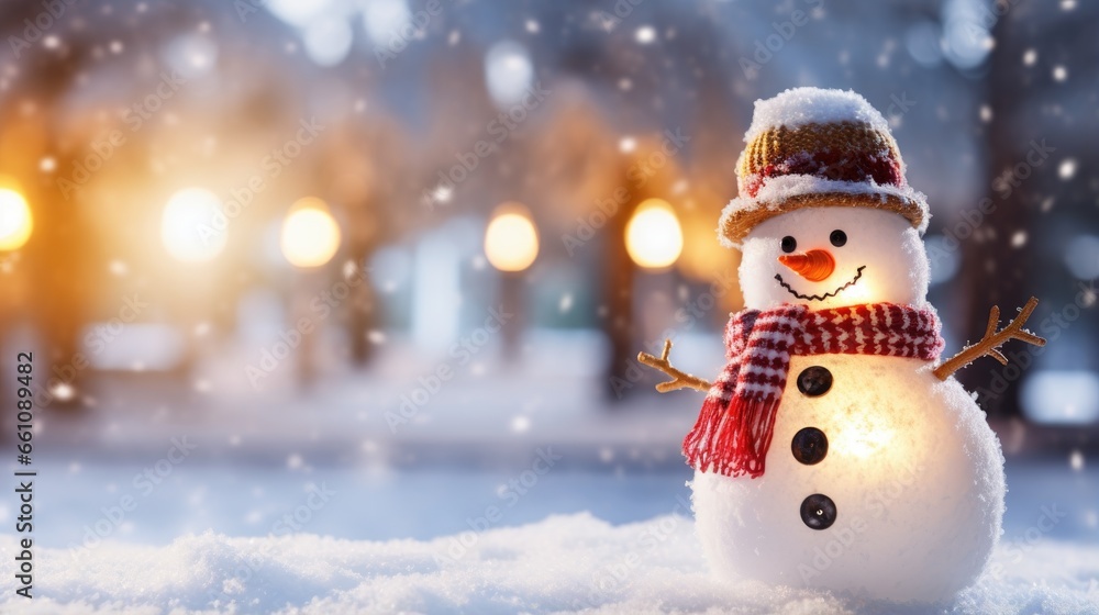 Snowman with hat and scarf on the snowy landscape with blurred fir tree forest background