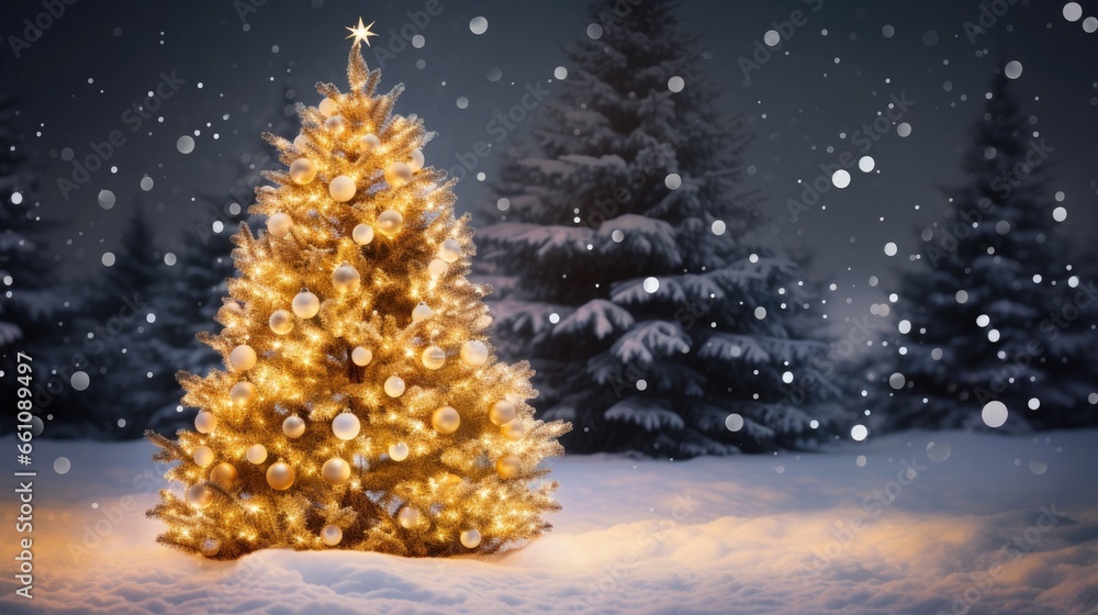 Decorated Christmas Tree with lights and baubles on snowy landscape and spruce trees on background