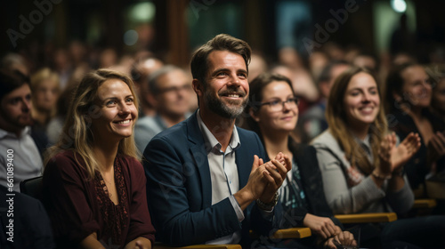 Proud and happy parents in a theater watching their children in a school play. Public happy and enjoying in an auditorium. People applauding a speaker. People in cinema or theater seats.