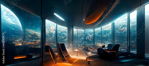 interior of a futuristic spaceship big window looking outside to massive planets and stars and spaceships futurism future futuristic sci fi science fiction epic lighting crazy composition super wide  photo