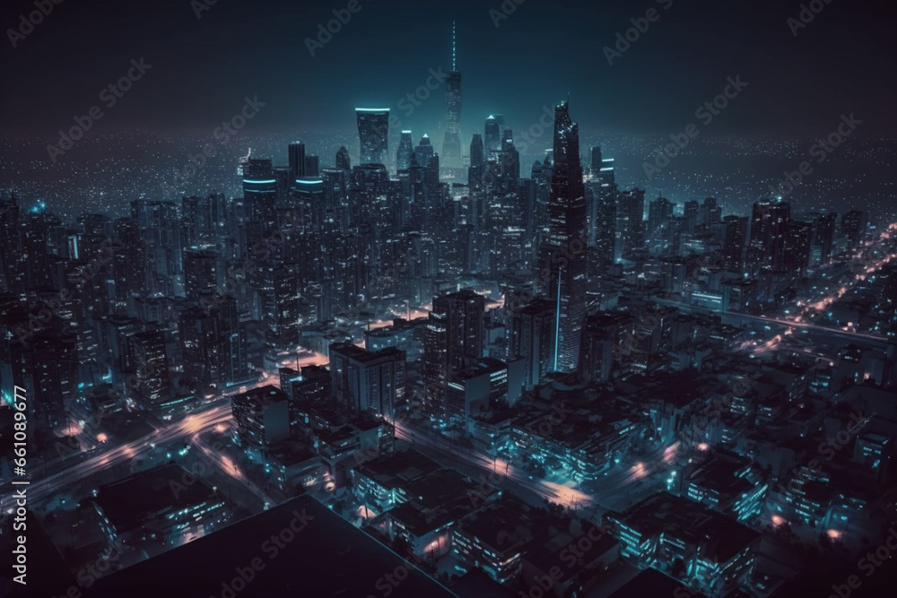 a bird's-eye view from a skyscraper, capture the mesmerizing city skyline at night